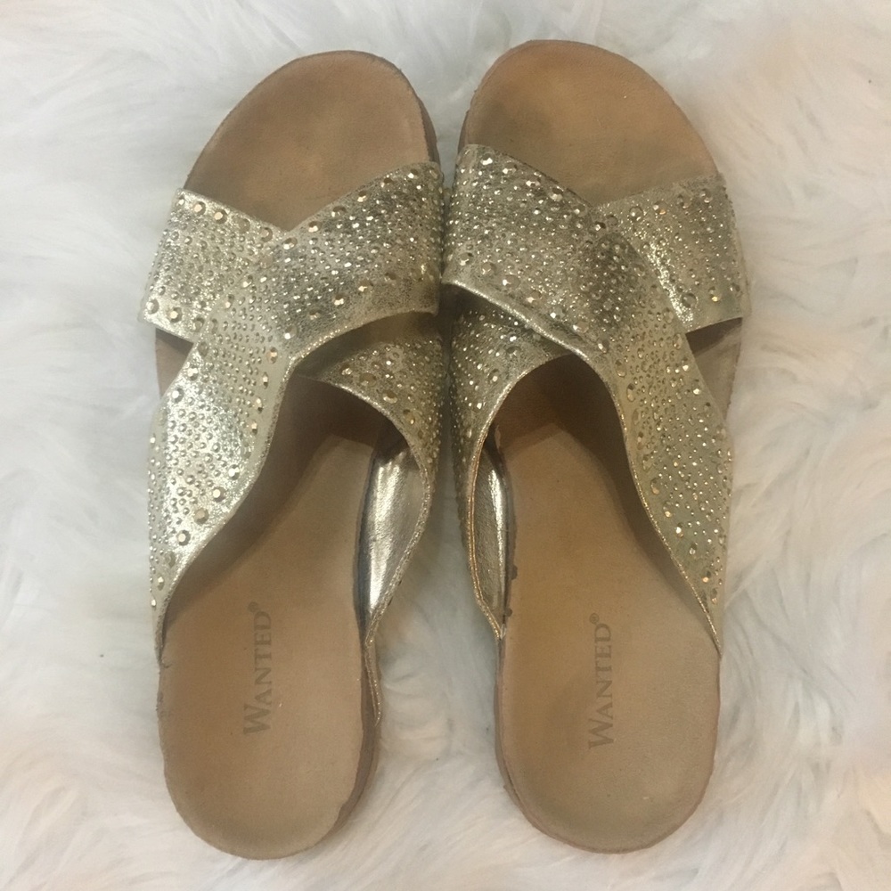 Wanted gold slide on sandals with gold studs